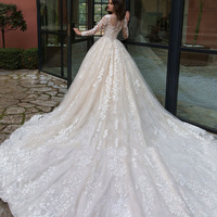 Robe de mariée NDB10478, col rond, manches longues, dos lacé, taille haute, traîne en dentelle brodée, jupe élégante et volumineuse