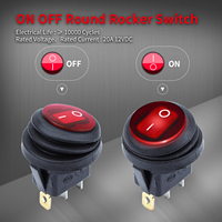 Interrupteur à bascule rond étanche 12V 20A avec LED rouge, SPST ON/OFF, 3 broches, certifié, pour voiture, bateau, marine