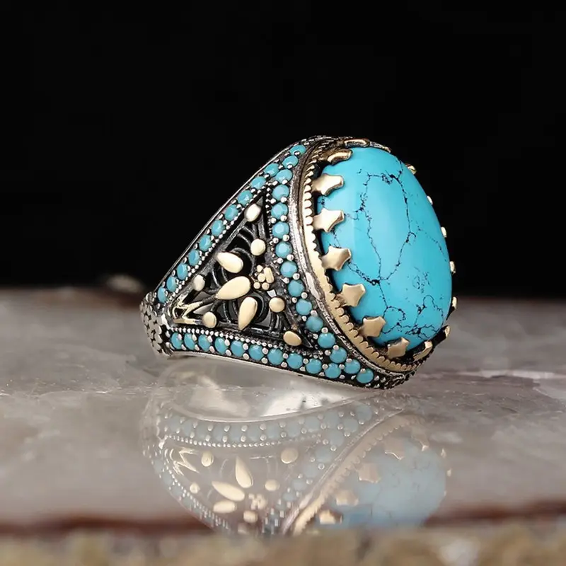 2024 à la mode Vintage arabe galvanisé incrusté Turquoise en acier inoxydable pierres précieuses bijoux anneaux pour hommes islamique