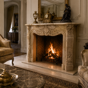 Traditional Marble <b>Fireplace</b> Mantel With Ornate Carving Classic Cream Beige marble Stone Indoor Wood Burning Hearth For Dining R - Product Image 6