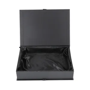 Siyah kurdele ile özel lüks siyah flap kağit kutu katlanabilir manyetik kapatma hediye kutusu