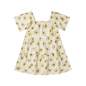 사용자 정의 인쇄 OEM 새로운 디자인 아기 옷 부드러운 아이 아기 드레스 소녀 노란색 데이지 드레스 유아 소녀를위한 귀여운 드레스