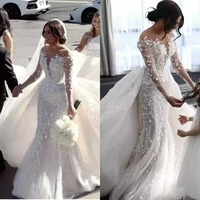 Robes de mariée LY-WD0847 pour mariage, fleurs, dentelle, col en V, sirène, manches longues, sexy, traîne amovible, grande taille