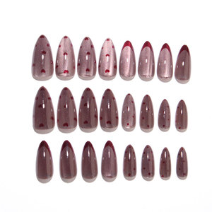 Uñas postizas francesas color rojo vino, forma almendrada, con pequeños corazones y lunares, removibles, para manicura DIY. - Product Image 2