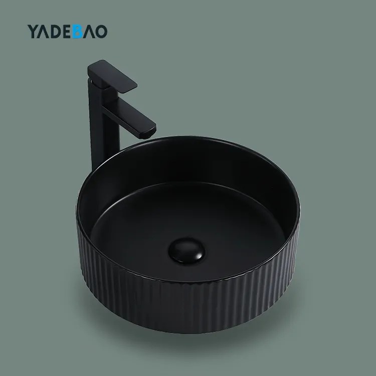 Lavabo moderno de cerámica para baño, encimera de arte redondo, negro mate