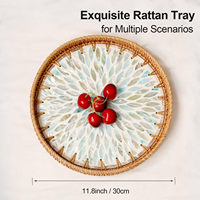 Plateau de service rond en rotin avec incrustation de nacre, finition laquée, décoration pour cuisine et salle de bain, service de café/pain/fruits