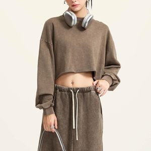 Sudadera Corta con Efecto Ácido FOXA para Mujer, Manga Larga, Hombros Caídos, Cuello Redondo, Top Corto, Mezcla de Algodón, Tejido Transpirable - Product Image 3