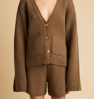 Ensemble décontracté pour femmes en cachemire 100% - Cardigan à col en V avec boutons et poches - Pantalon court à cordon de serrage en tricot ample - Tenue décontractée