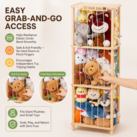 Organisateur de jouets en bois de pin massif durable à trois niveaux, 133 cm, avec cordon élastique, pour plus de 50 peluches, avec plaque nominative personnalisée
