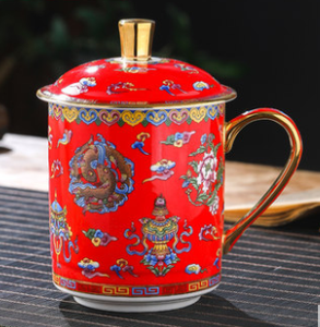 8 tazas y tazas auspiciosas de cerámica para el budismo Tíbet con calcomanía modelada después de una antigüedad con porcelana dorada para agua y té - Product Image 5