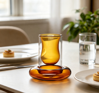 Ensemble de tasses à thé/café en verre borosilicate double couche bicolore avec soucoupe intérieure ambrée assortie, décoration créative pour la table à manger