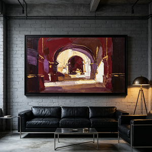 <span class=keywords><strong>Peinture</strong></span> architecturale Art Déco impasto peinte à la main sur toile, arches superposées, dorure délicate, prune bordeaux riche, à suspendre - Product Image 5
