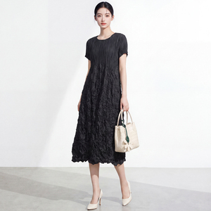 Vestido Midi Plisado con Cuello Romántico para Mujer, Color Sólido, Tejido de Poliéster Transpirable y Lavable, Manga Corta, Elegante y Elástico - Product Image 3