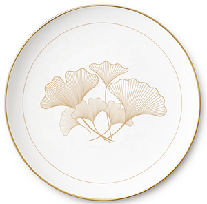 Services de table de luxe en porcelaine fine avec motif feuille de ginkgo dorée, assiettes en céramique, assiettes de présentation en porcelaine, vaisselle élégante - Product Image 2