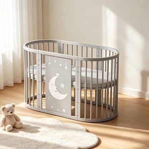 Cuna ovalada negra y blanca para recién nacidos, cuna de madera para bebés y niños, cuna circular. - Product Image 4