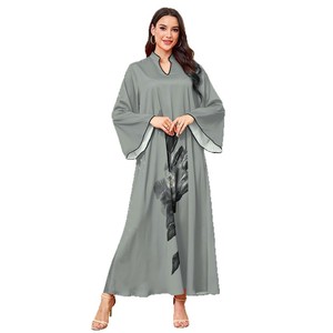 عباءة دبي فاخرة جديدة مصنوعة يدويًا بلون أخضر زيتوني، فساتين محتشمة للنساء المسلمات، تصميم أسود مع طباعة زهور وأكمام منسدلة - Product Image 6