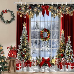 Cortina de Ducha de Poliéster con Diseño Navideño Verde, Cortina de Baño con Impresión Digital, Impermeable, Impresión Personalizada, Venta al por Mayor, Moderna - Product Image 1