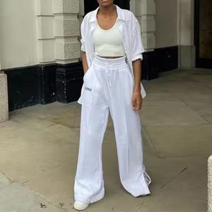 Pantalones de Verano de Algodón OEM para Mujer, Pantalones Plisados con Abertura, 100% Algodón French Terry, Pantalones Deportivos de Pierna Ancha y Cintura Alta para Mujer - Product Image 4