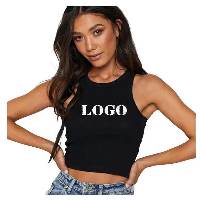 Crop top mulheres t-shirt 2024 Hot Custom Logo Verão Lady Branco Preto com nervuras Tank Top Mulheres