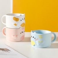 Vente en gros de tasses à café en céramique en forme de chat 3D mignonnes de dessin animé, 10 oz, peintes à la main, tasse à thé, tasse à lait en porcelaine, mugs à latte