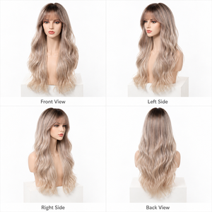 Perruque longue ondulée effet vague d'eau, avec <span class=keywords><strong>frange</strong></span> réglable, racine foncée, beige cendré, <span class=keywords><strong>blonde</strong></span>, en fibre haute température, aspect naturel, directement de l'usine - Product Image 4