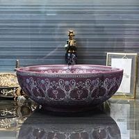 Chine artistique fait à la main en porcelaine évier de lavage des mains vin rouge céramique salle de bain évier fleur forme Table haut lavabo