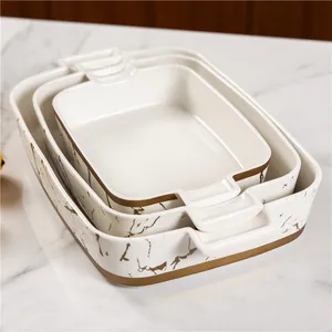 Wholesale customized gold marble fancy rectangular kitchen porcelain baking pans