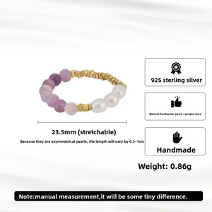 Vente en gros de bagues en perles d'eau douce naturelles + mica violet, bijoux en pierres naturelles, bagues en argent sterling 925, bijoux plaqués or pour femmes - Product Image 2