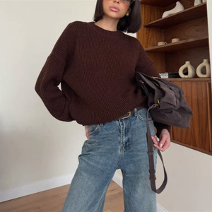 Pull ample uni de style coréen, mi-long, automne-hiver, col rond, manches longues, tricoté en acrylique et élasthanne - Product Image 4