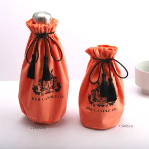 Custom Logo Printed Round Bottom Velvet Drawstring Wine Packing Pouch With Tassels Luxury Velvet Travel Wine Bottle Bag