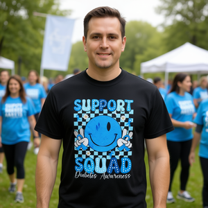 T-shirt Support Squad per la consapevolezza sul diabete, design con nastro blu, taglia unisex per adulti - Product Image 3
