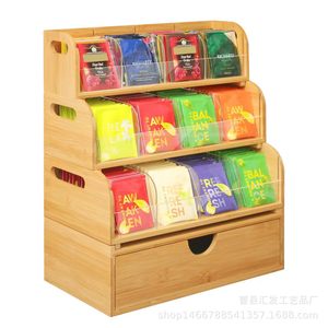 Étagère de rangement pour thé en bambou à 3 niveaux avec tiroir, grande capacité, organiseur de dosettes de café, boîte en bois pour cuisine et salle de bain - Product Image 5