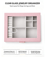 Boîte à bijoux rectangulaire en cuir PU rose, élégante, avec couvercle en verre transparent, multi-compartiments, organiseur de rangement pour bijoux floqué, bagues, boucles d'oreilles