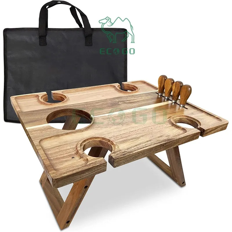 Portable Wine Picnic Table 6pc Set Wooden Outdoor Folding Tray Acacia Wood 4 Glasses Holder, Bottle Stand, Carry Bag & Cheese