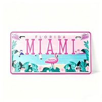 Aimant de réfrigérateur style plaque d'immatriculation de Miami Beach, Floride, décor souvenir de voyage tropical flamant rose