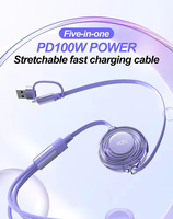 Câble de charge USB Type-C rétractable 3-en-1 100W 1,2m pour téléphone portable et voiture, charge rapide 5A, transfert de données