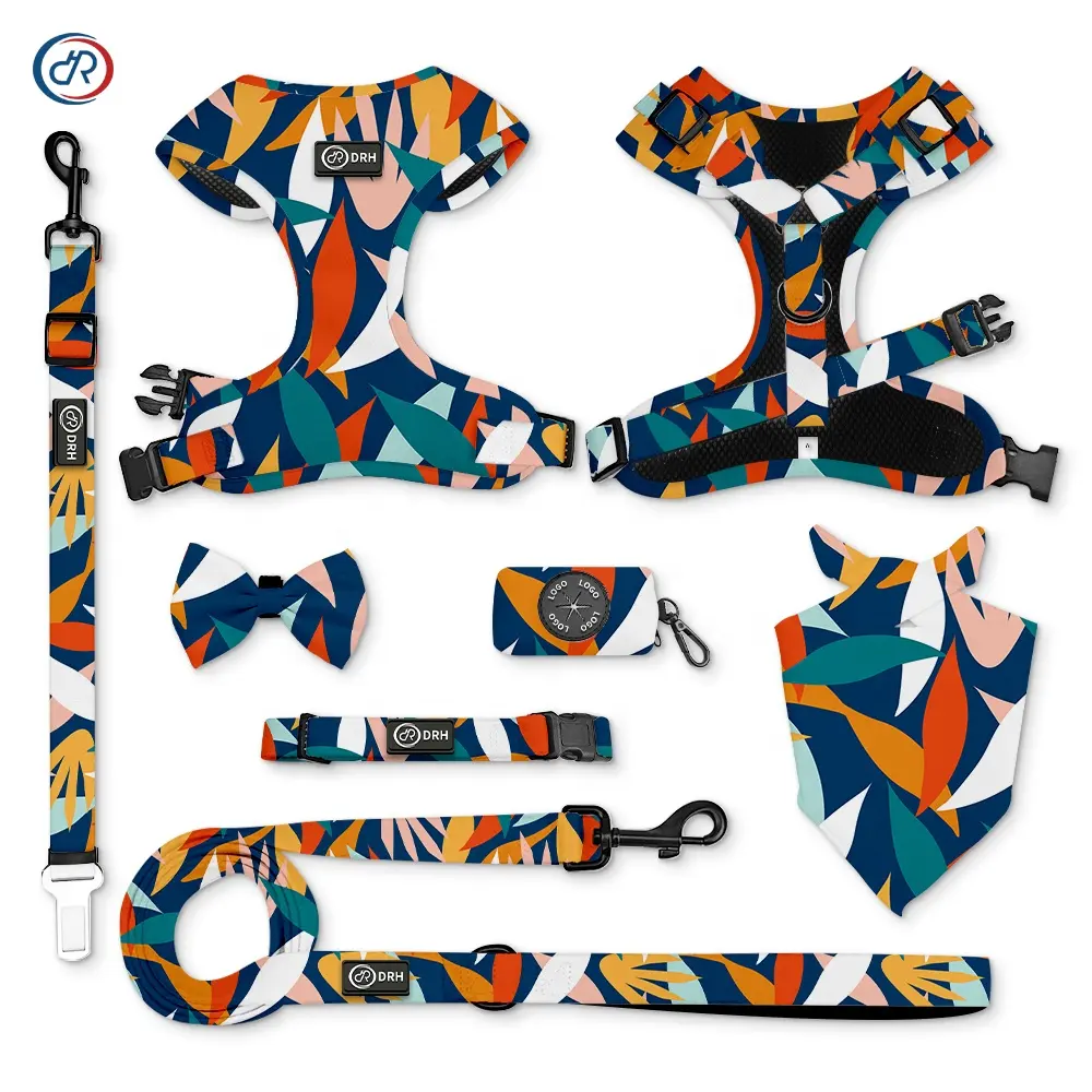 OKKPETS OEM/ODM harness dog bandana bows pet collar dog chest custom logo printing dog harness set