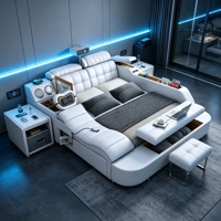 Lit double intelligent haut de gamme en tatami, en cuir véritable, avec fonction massage, lit home cinéma avec chargeur sans fil et armoire de rangement pour chambre à coucher