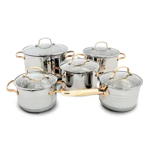 10pcs Luxury Golden Handle Cooking Pots and Pans Cookware Set Stainless Steel Non Stick Cookware set Dinner Ware Sets House Ware