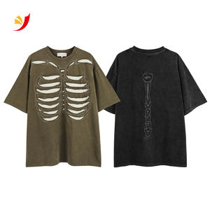 2024 en Stock Hip Hop hombres <span class=keywords><strong>camisetas</strong></span> frente trasero bordado <span class=keywords><strong>esqueleto</strong></span> Patchwork pesado algodón ácido lavado Streetwear camisas - Product Image 1