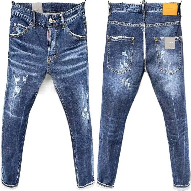 Fitspi grosir celana Jin regang tambalan ramping pria cat rusak celana Denim ramping biru Dropshipping untuk Wish Ebay