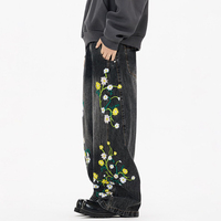 Pantalons en jean à jambe large et ample pour hommes et femmes, tendance, marque rétro, broderie de plantes et de fleurs, coupe incurvée