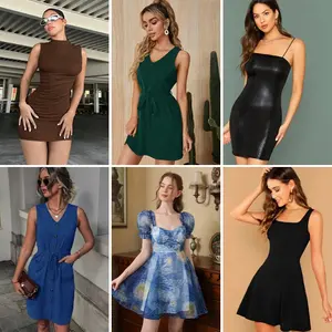 Stock Spring Summer New Korean Women's Style Low Cut Square Neck Dress Fashionable Bubble Sleeve Dress Style Random Shipment