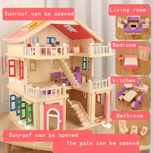 Casa delle bambole giocattolo per bambini mobili per bambini felice famiglia gigante Diy bambini gioco di ruolo per bambini grande casa delle bambole all'ingrosso in legno giocattoli per bambini
