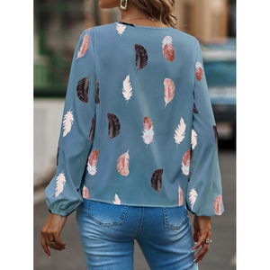新着S-<span class=keywords><strong>5XL</strong></span>プラスサイズフェザープリント長袖Vネックシフォントップス女性用レディースカジュアルトップスブラウス - Product Image 4