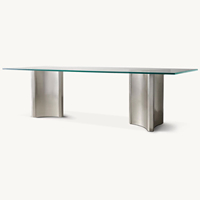 Meubles de salle à manger modernes, table rectangulaire avec plateau en verre trempé, pieds en acier inoxydable, style bois, hauteur réglable, 6 places
