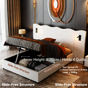 Willsoon khung giường bọc hiện đại với đầu giường chần sợi vòng, giường nền tảng giả da màu trắng với lưu trữ, cỡ Queen/King - Product Image 2