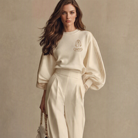 Ensemble 2 pièces en tricot pour femme avec logo personnalisé, haut à manches bouffantes et pantalon large taille haute, tenue de bureau élégante pour femmes, ensemble assorti