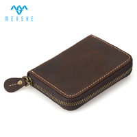 Dompet Kartu Kulit Asli Crazy Horse Berkualitas Tinggi Custom, Dompet Koin Pendek RFID dengan Ritsleting Vintage Unisex