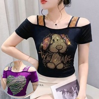 T-shirt personnalisé coloré pour femme, à épaules dénudées, orné de strass et de paillettes brillantes, à manches courtes, pour soirée et boîte de nuit